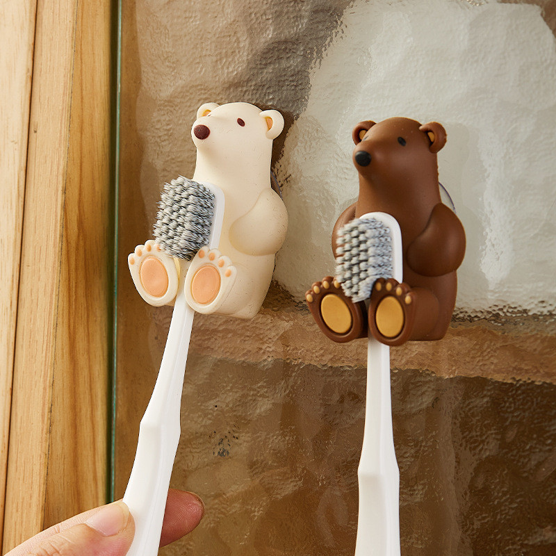 Cartoon Bear Toothbrush Holder Wall-mounted Suction Cup Silicone Hook Sundries Storage Rack
