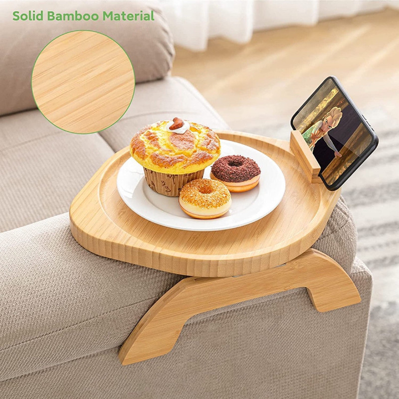 Sofa Tray Table Armrest Clip-on Holder Natural Bamboo Snack Food Tray