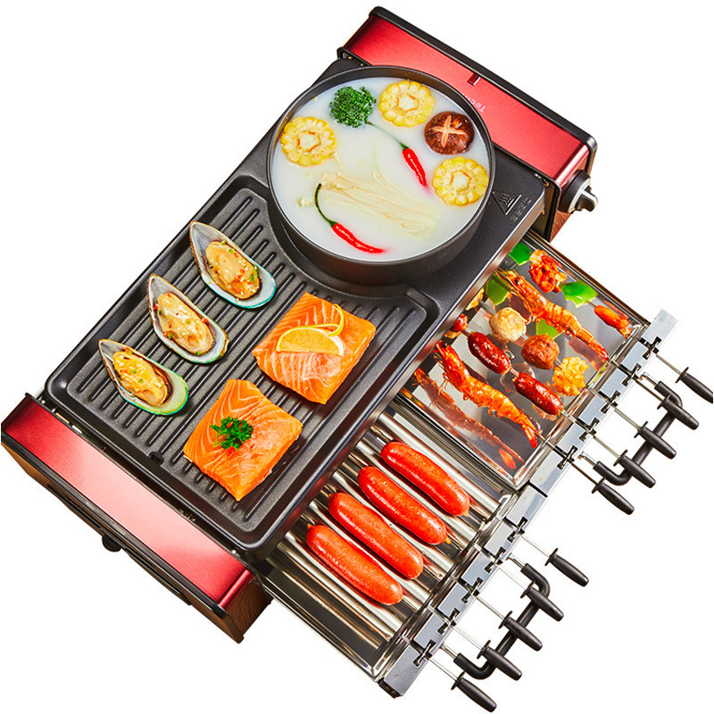 Household Electric Grill Three-in-one Machine Smokeless Nonstick Automatic Rotation Skewers