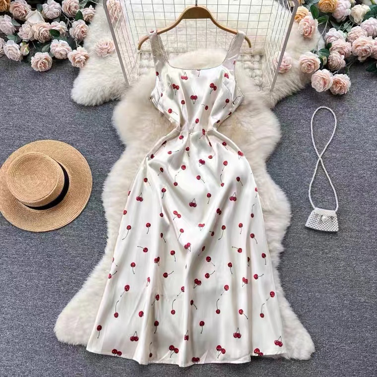 Temperament Satin Dress, Summer, Cherry Printed Holiday Dress