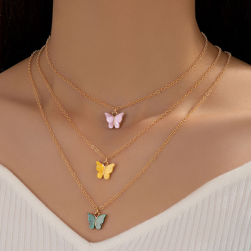 Colorful Butterfly Road Pass Multi Layered Pendant Necklace Women's Geometric Brick Inlaid 3/layer Clavicle Necklace