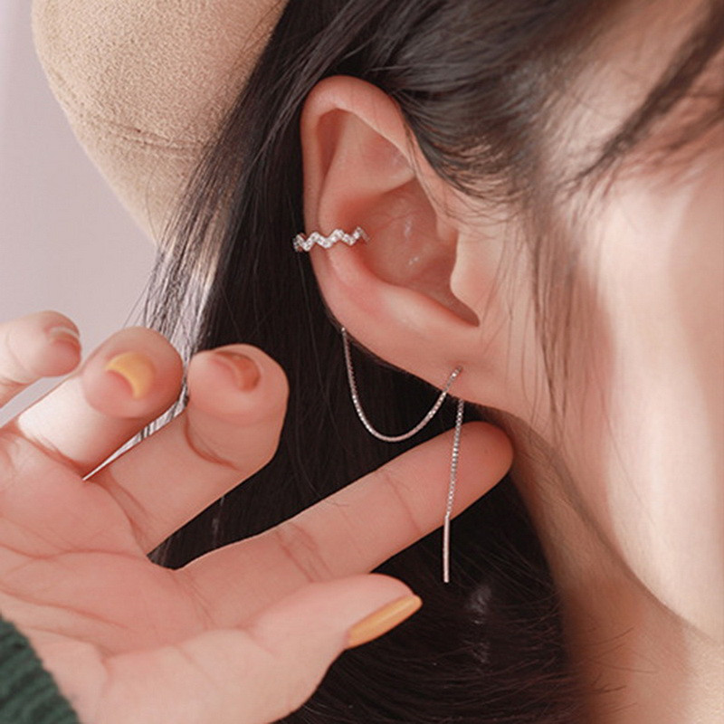 Fashion Long Earring Ear Clip Silver Color Simple Tassel Chain Statement Earrings