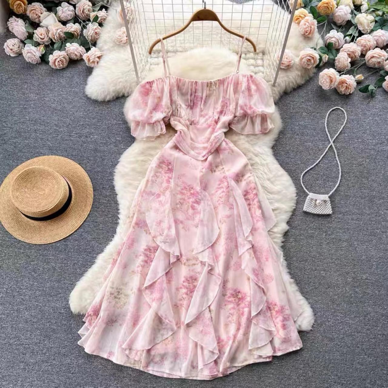 Sweet Floral Dress,spaghetti Strap Irregular Fairy Long Dress