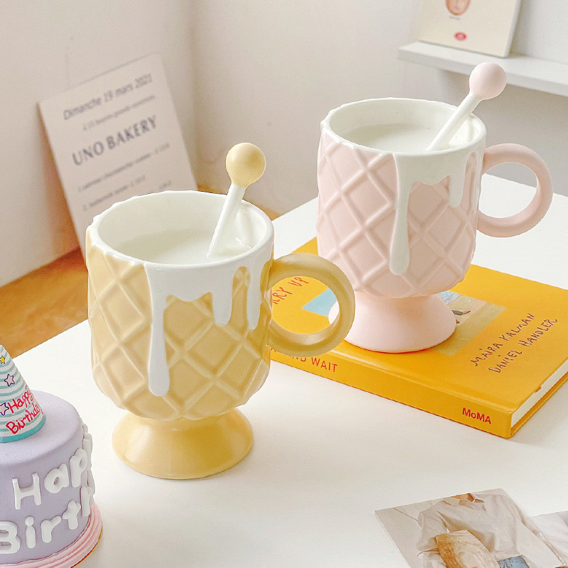 Ceramic Cream Ice Cream Coffee Cup With Stirring Spoon Ceramic Mug Household Coffee Mug