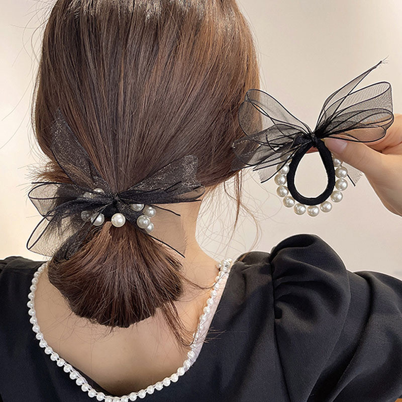 Retro Tie Head Rope Female Summer Net Yarn Style Temperament Bow Knot Headdress Korean Pearl Hair Ring Ponytail