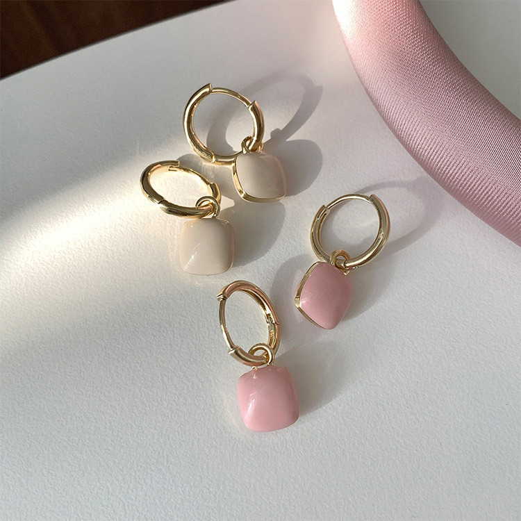 Sweet And Cute Korean Fashion Pink Square Pendant Women's Earrings Minimalist Jewelry