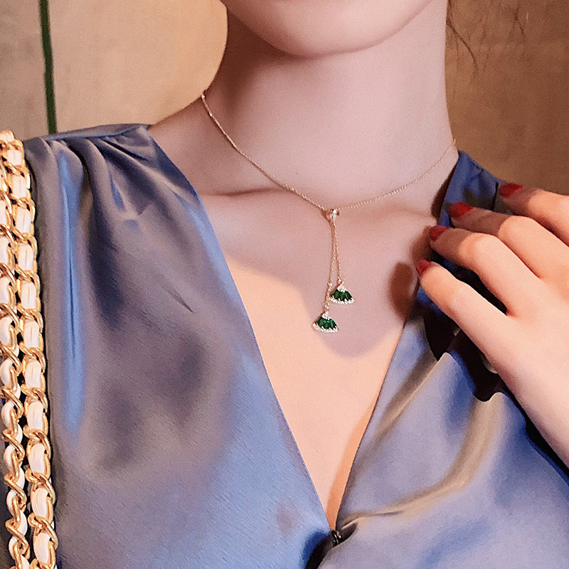 Green Crystal Fan Pendant Necklace For Woman Fashion Korean Jewelry Party Girl's Sexy Collar Chain Necklace