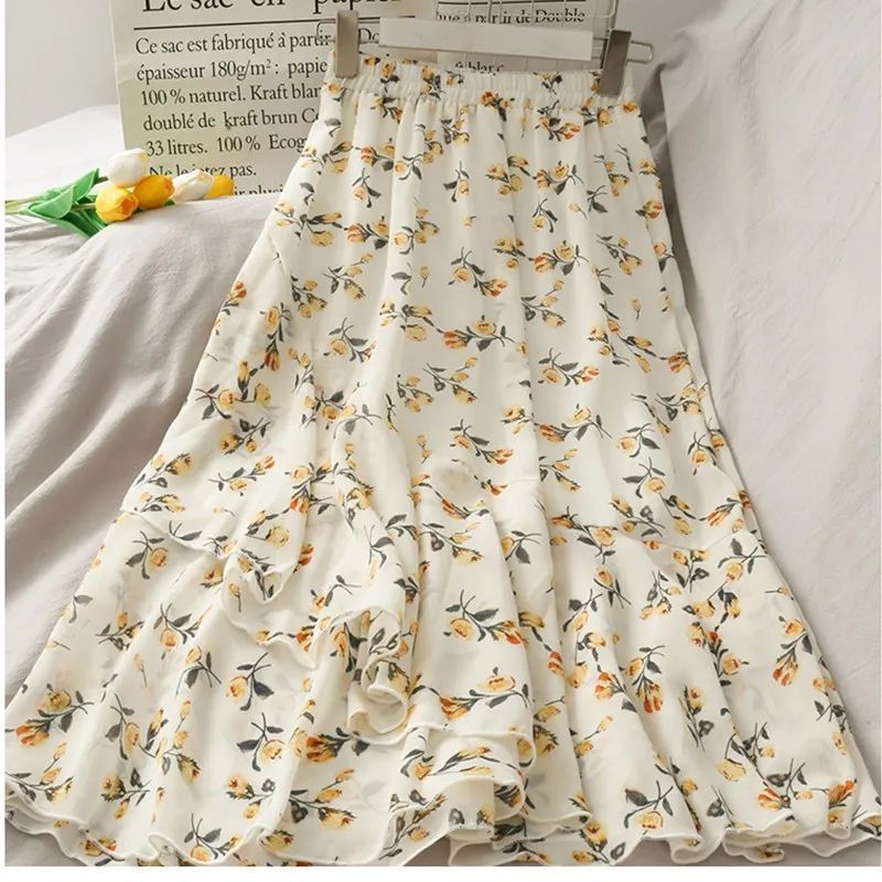 Summer Women's High-waisted Chiffon Skirt Mid-length A-line Skirt Small Fresh Flower Irregular Flounce Skirt