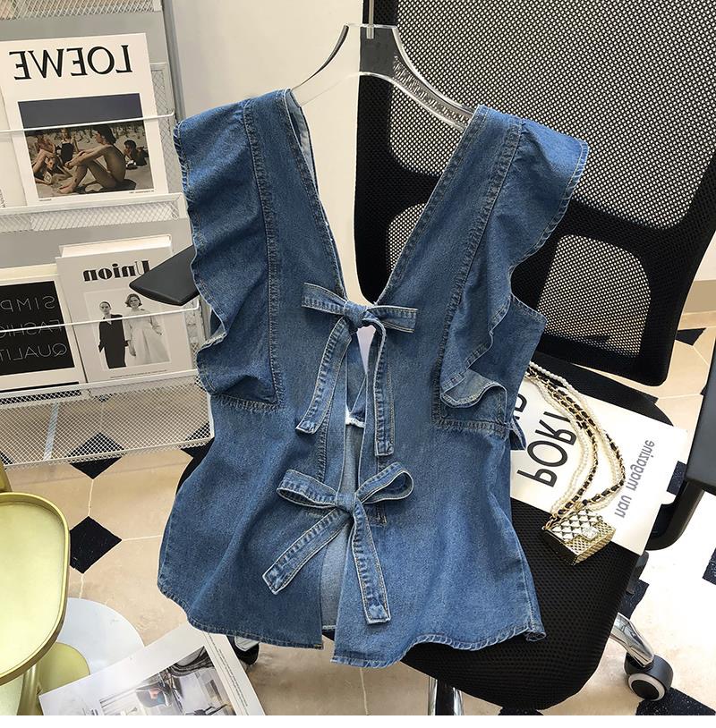 Backless Lace-up Sleeveless Top, French V-neck Peplum Denim Shirt, Cute Top