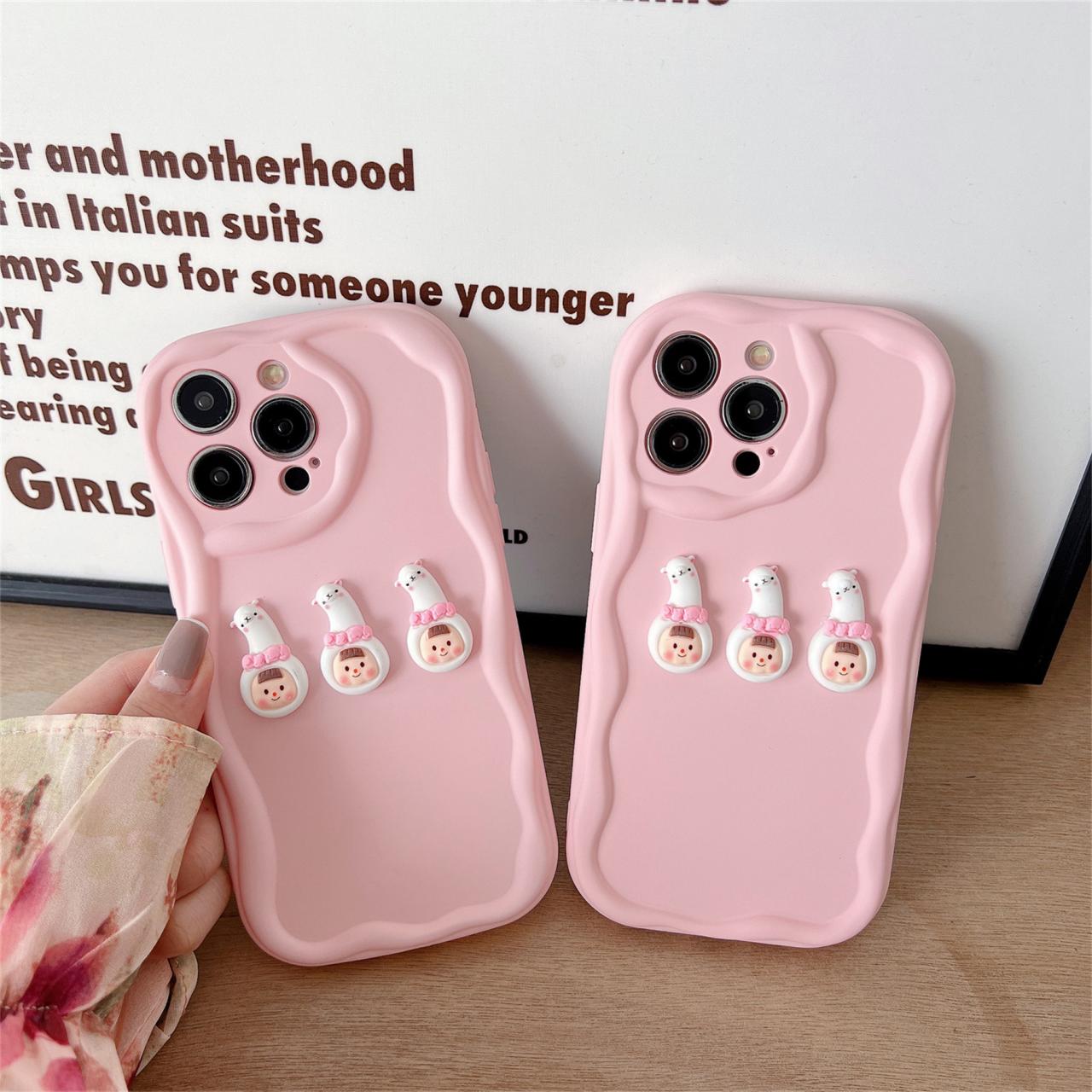 Cartoon Cute 3d Alpaca Girl Pink Phone Case For Iphone 14 13 12 11 Pro Max Soft Back Solid Color Cover