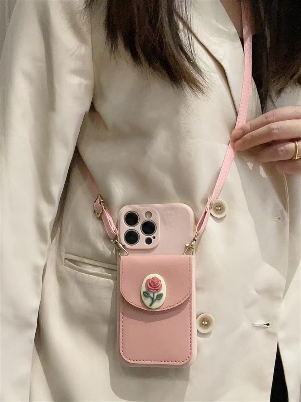 Luxury Crossbody Leather Lanyard Card Bag Pink Flower Case For Iphone 11 12 13 14 Pro