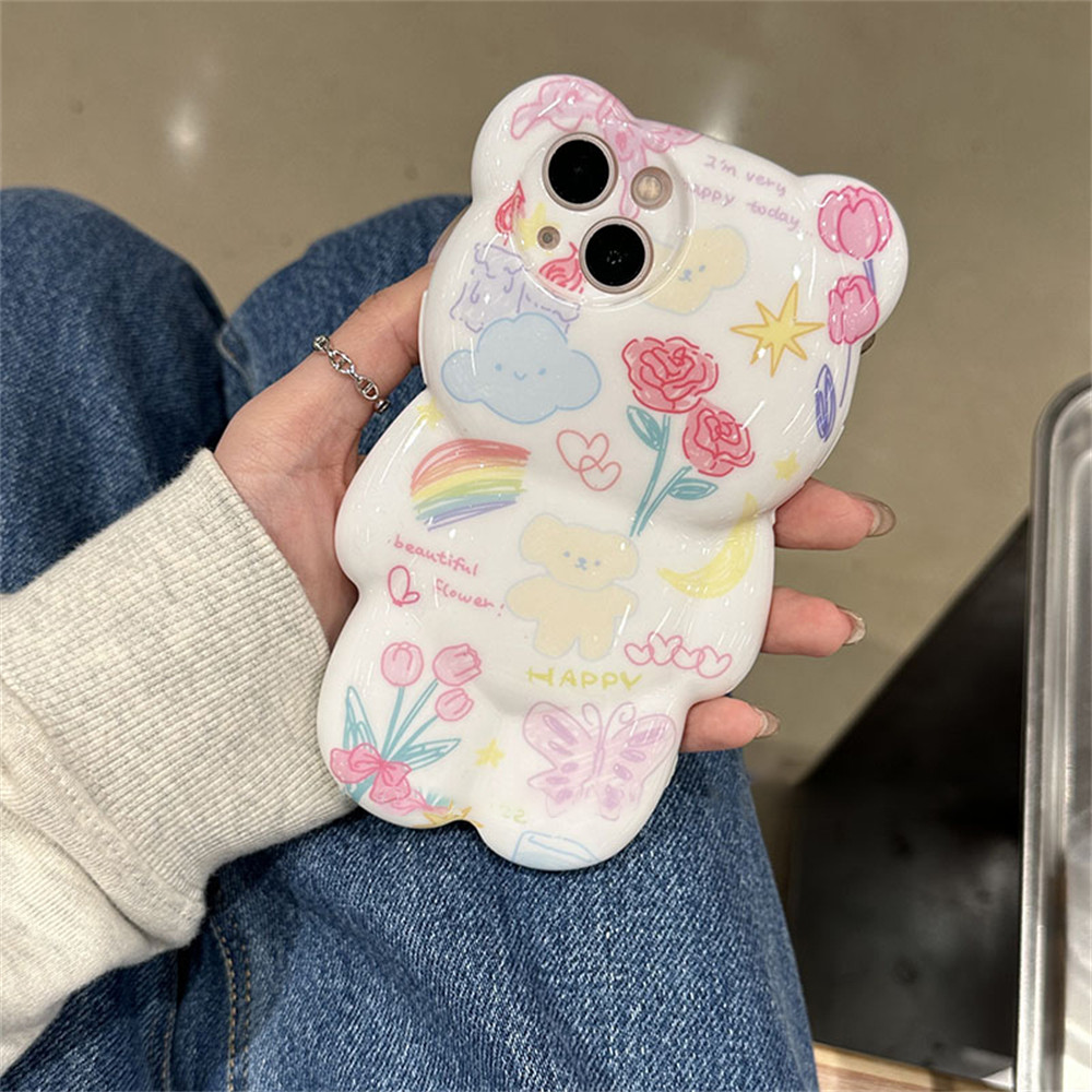 Korean Cute Graffiti Flower 3d Cartoon Bear Case For Iphone 14 13 12 11 Pro Max Lovely Animal Glossy Shockproof Soft Cover