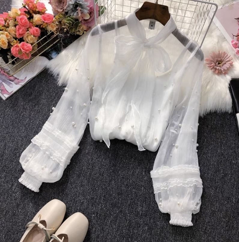 Stylish,long Sleeve Tulle Blouse,chic Beaded Top