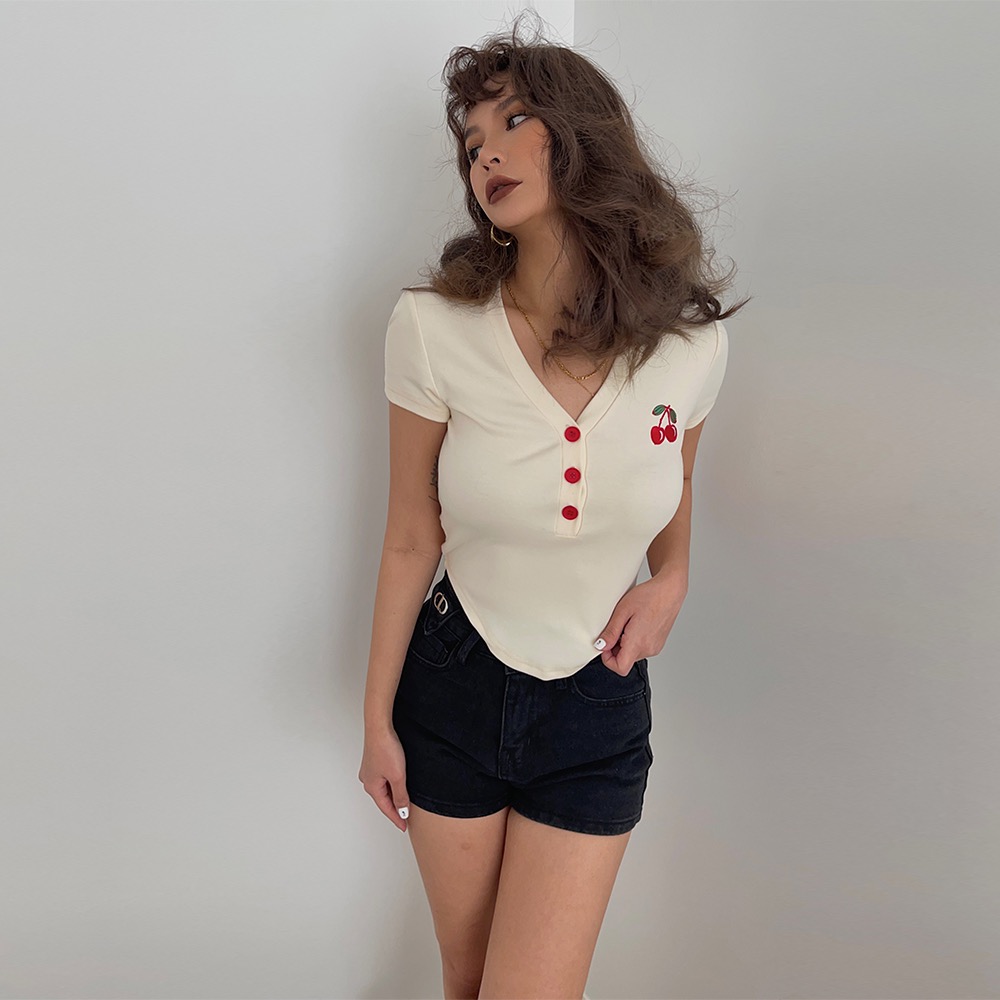 Vintage Cherry Embroidery V-neck Short-sleeved T, Slim Spice Short Top