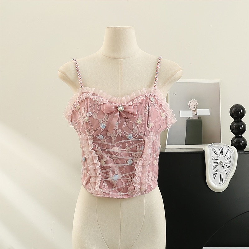 Sweet Spice Lace Halter Top, Cute Pink Cropped Top