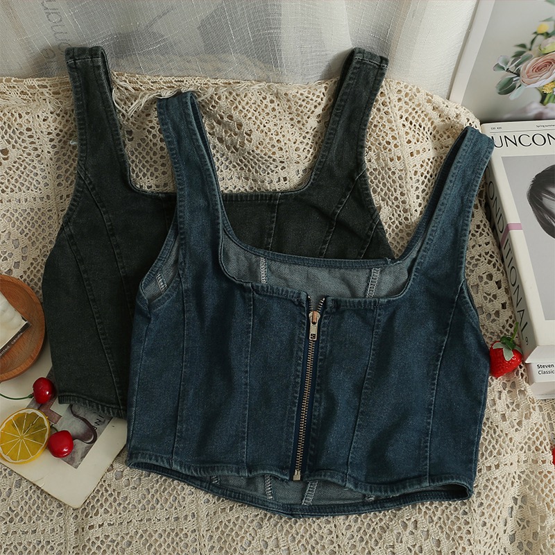 Cropped Denim Halter Top, Square Neck And Back Tank Top