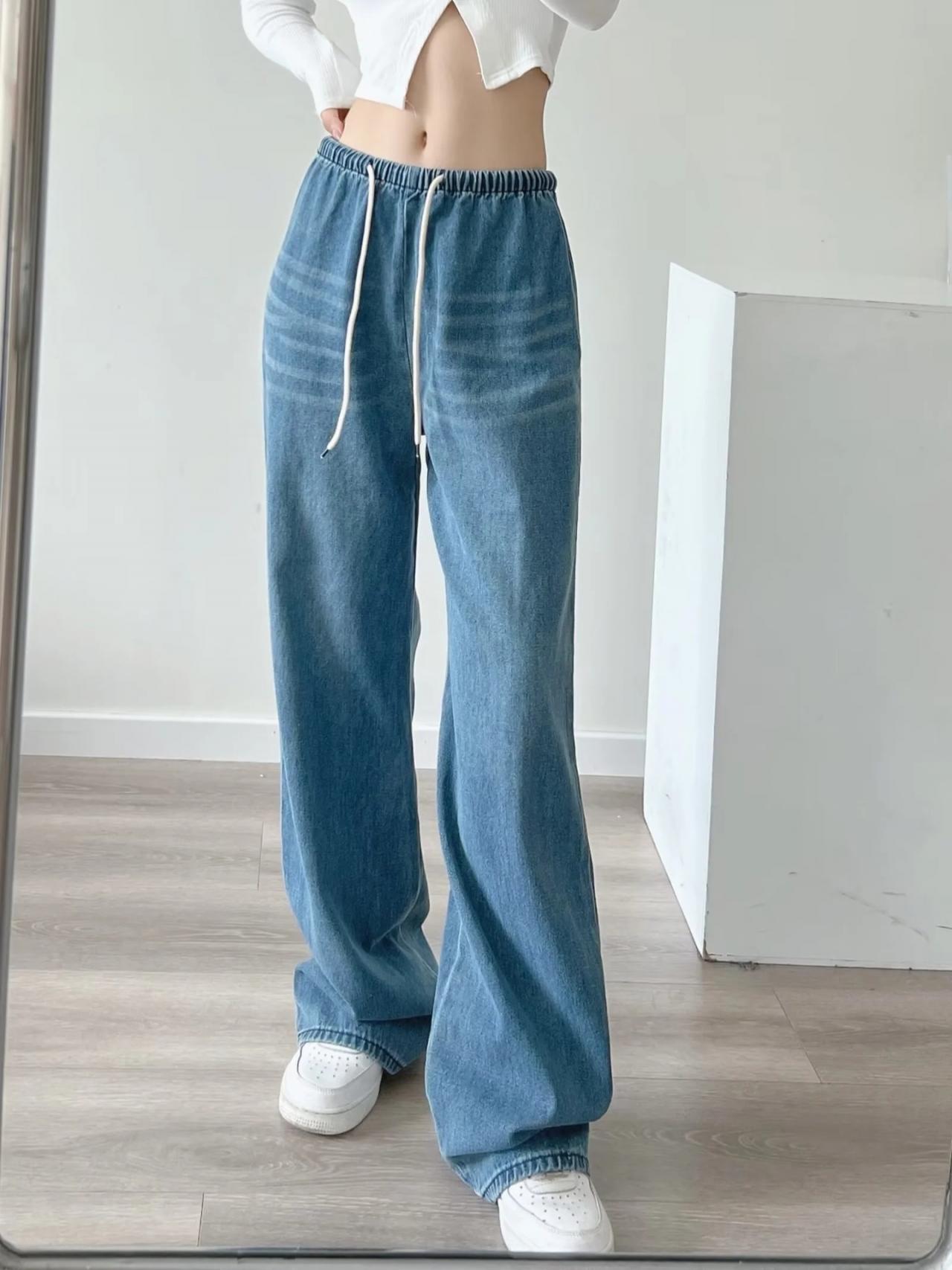 Stylish, Floor-length, Elastic Denim Trousers , Drawstring, High-waisted Baggy Wide-leg Jeans