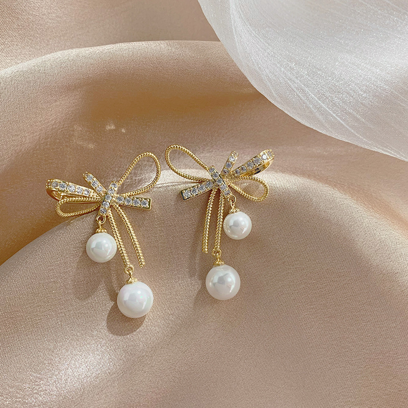 Pearl Bowknot Dangle Earrings For Women Rhinestone Flower Korean Style Earrings Girl Temperament Jewelry Gifts