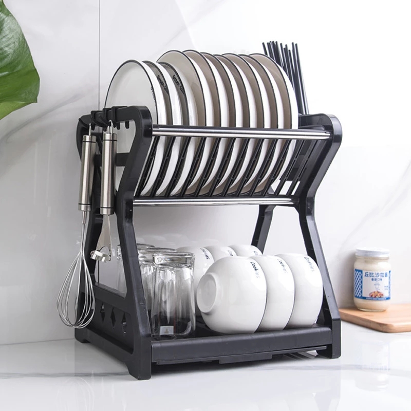 Dish Drainer Dish Drying Rack Kitchen Storage Double Layer Dish Drainer Shelf Knife Fork Container Holder Cutting Board Stand