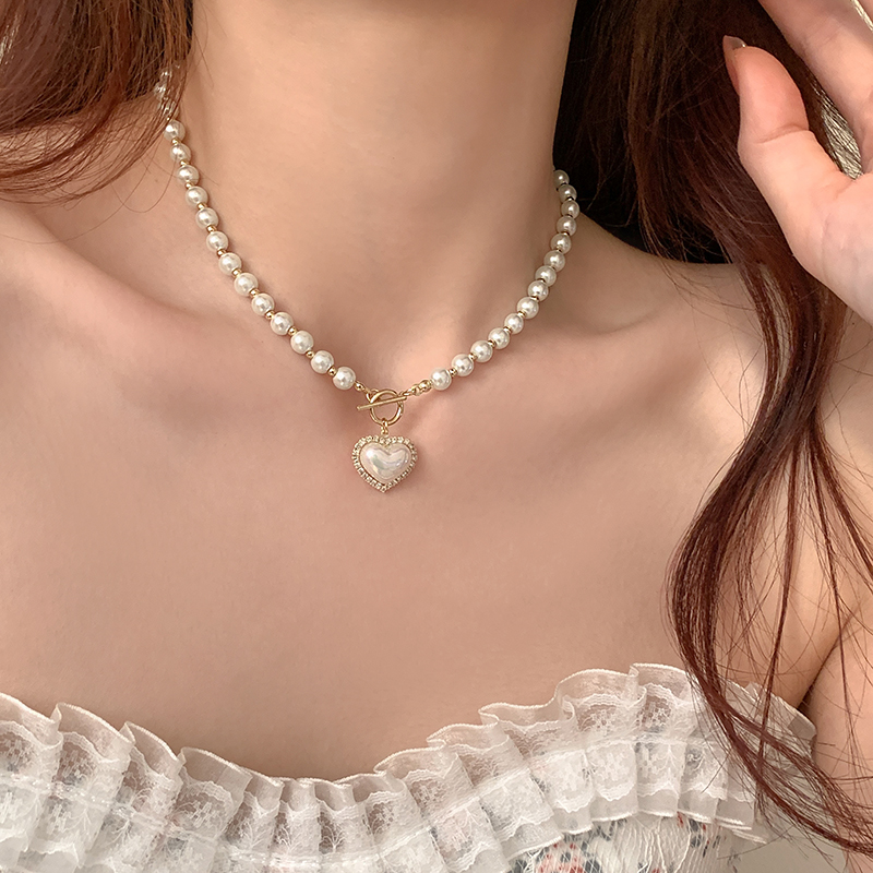 Pearl Heart Pendant Necklace Ladies Gold Plated Bead Choker Necklace Female Boho Kawaii Y2k Jewelry
