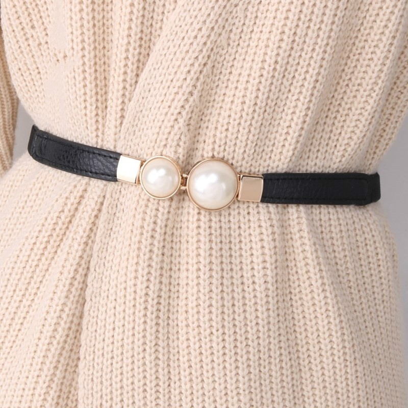 Women's Belt Creative Double Pearl Pu Leather Dress Waist Elastic Thin Belt Elegant Women Fashion Accessory