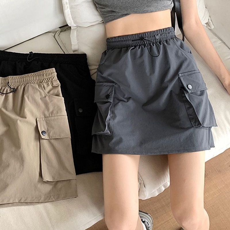 Spring Summer Drawstring Elastic Waist Y2k Skirts Girls Harajuku Casual Pocket Mini Skirt