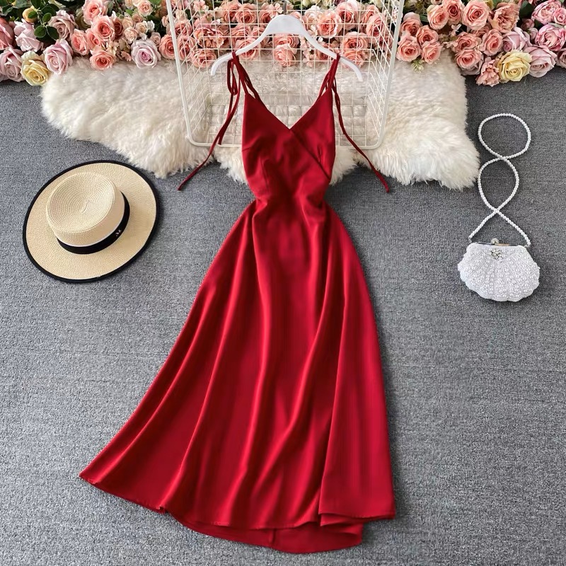 Lovely, Solid Color Temperament Dress, V-neck, Sleeveless Dress, Holiday Halter Dress