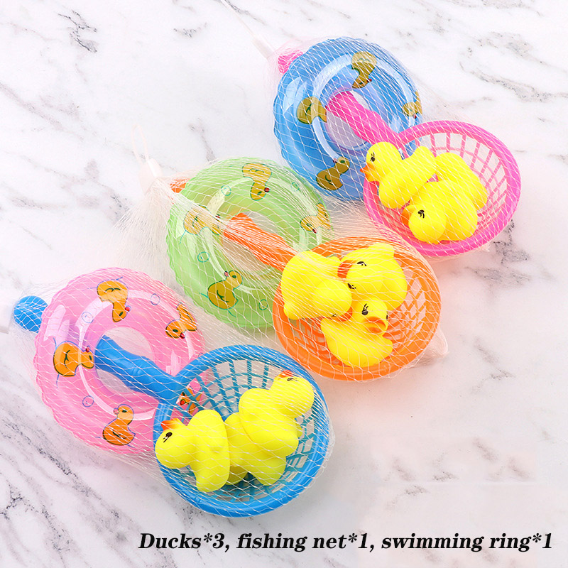 5pcs/set Kids Floating Bath Toys Mini Swimming Rings Rubber Yellow Ducks Fishing Net Washing Swimming Toddler Toys