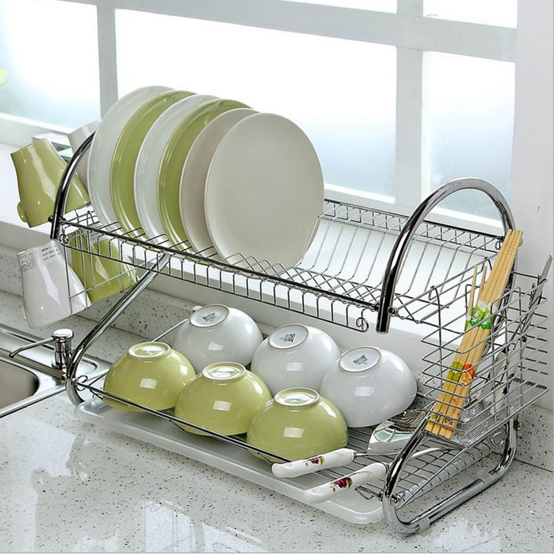 Large Dish Drying Rack Cup Drainer 2-tier Strainer Holder Tray Stainless Steel Kitchen Accessories
