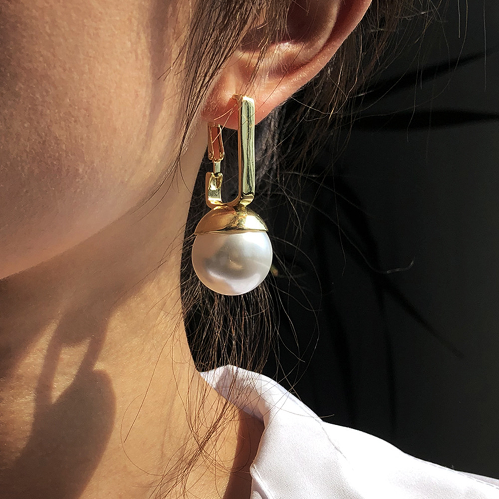 Fashion Big Pearl Drop Earrings For Women Statement Copper Alloy Geometric Earring