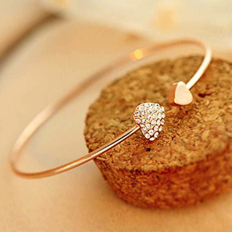 Fashion Love Crystal Double Heart Cuff Bracelet & Bangles For Women Lady Jewelry Charm Open Bracelet Valentine's Gift