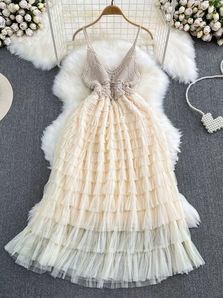 Hollow Knit Vest Patchwork Dress ,cute Dress,sweet Slimming A-line Layer Cake Mesh Dress