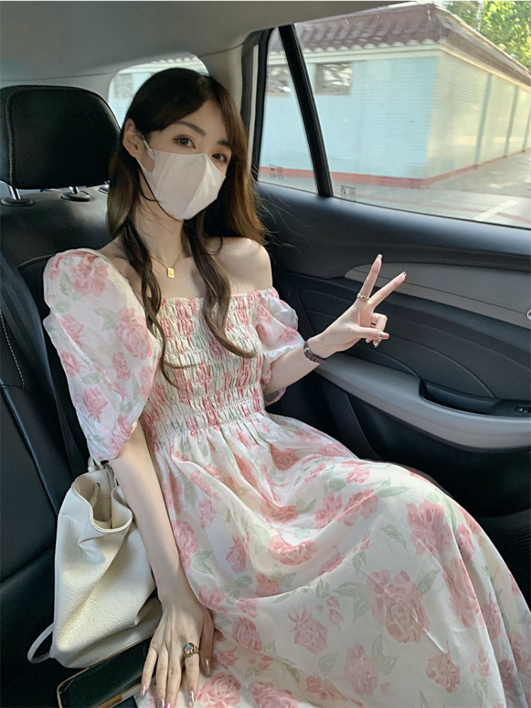 Floral Midi Dresses Summer Princess Aesthetic Popular Chic Vintage Designed French Style Lady Sundress Square Collar