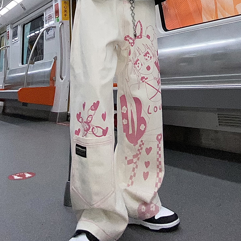 Anime Trousers Print Pattern Loose Straight Leg Clothes Wide-leg Pants Women Linen Cotton Millennial Girl Pink Graffiti