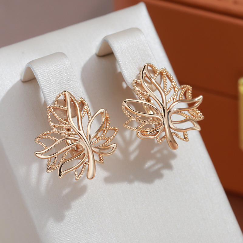 Glossy Hollow Clip Earrings 585 Rose Gold Life Tree Bling Hoops Wedding Earrings For Women Golden Jewelry Christmas Gift