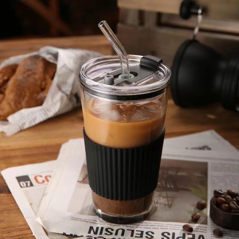 450ml With Straw Glass Coffee Cup Thick Glass Mug Milk Juice Cup Transparent Bubble Tea Cup Juice Mocha Cups Breakfast Mug
