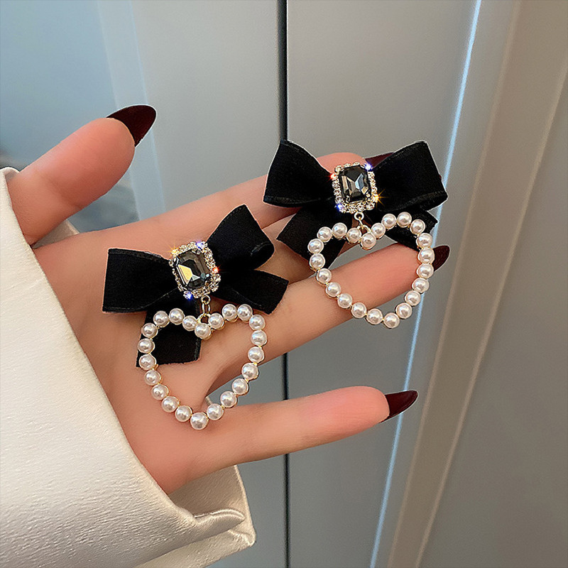 Korean Black Bowknot Heart Pearl Drop Earrings For Women Girls Fashion Shiny Crystal Love Wedding Dangle Earring Jewelry