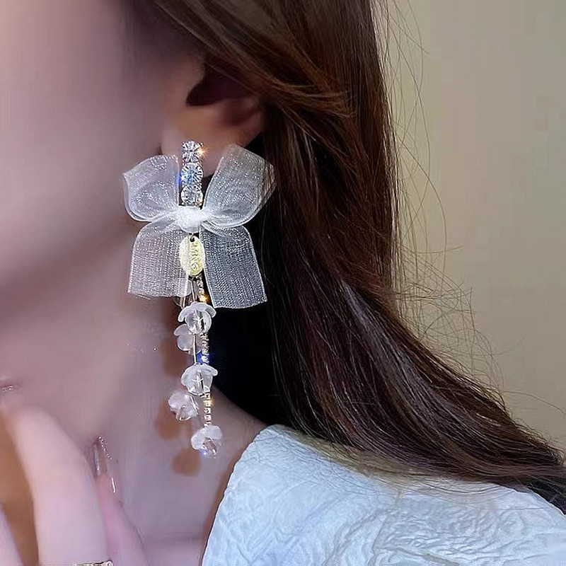 Chiffon Bow Knot Crystal Acrylic Flower Long Earring For Women Girls Trendy Wedding Dangle Drop Earring Statement Jewelry
