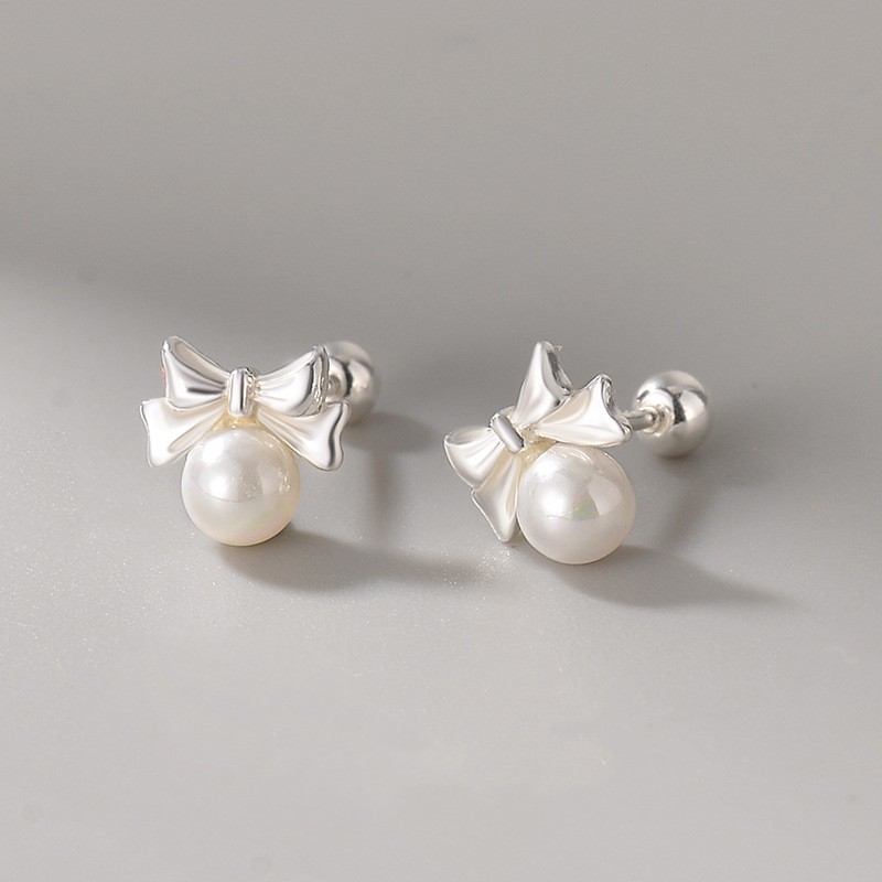 Sterling Silver Korean Sweet Cute Pearl Bow Stud Earrings For Women Girl Wedding Party Jewelry