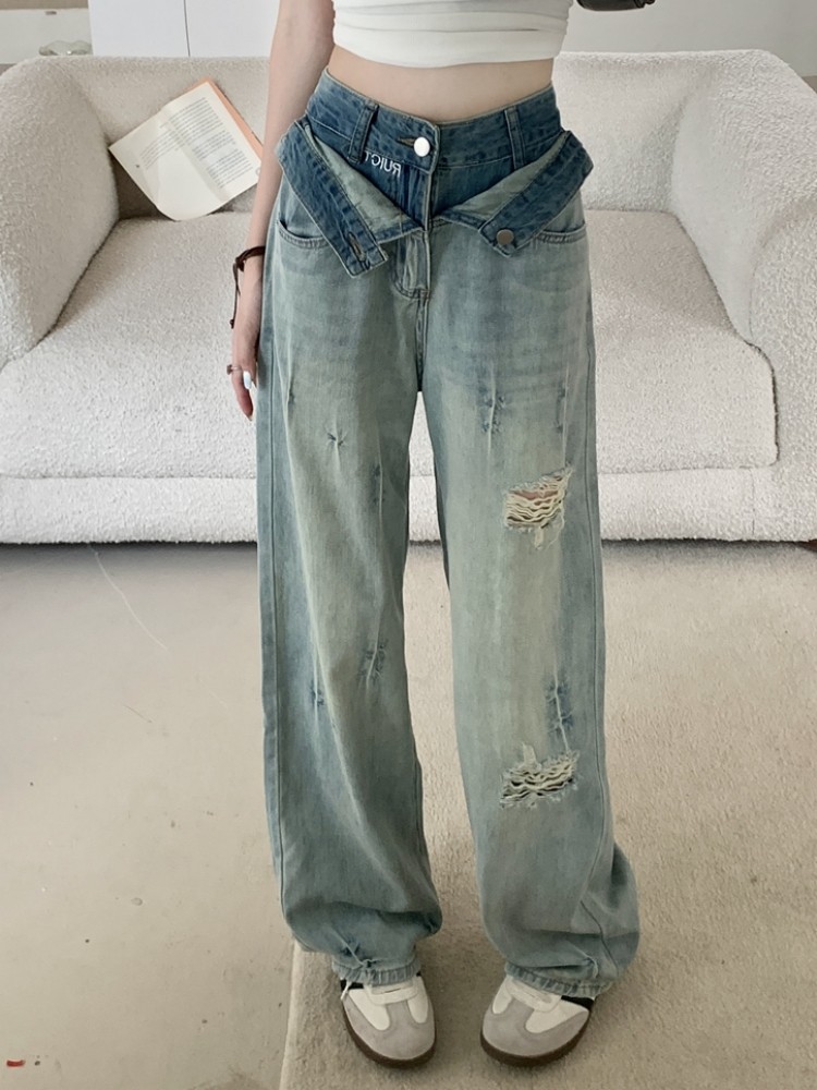 High Waist Straight Jeans Women Vintage Wide Leg Cargo Denim Pants Streetwear 2023