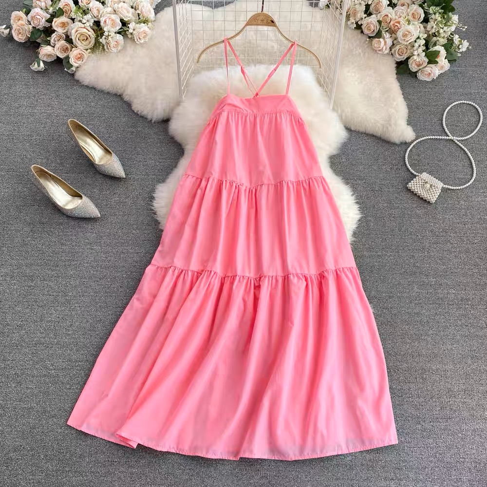 Spaghetti Strap Dress,cute Casual Dress,pink Bacless Dress