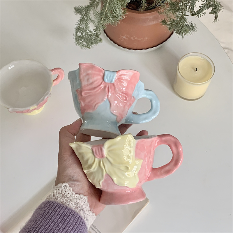 Korean Hand-painted Three-dimensional Bow Ceramic Mug Cute Girl Heart Coffee Cup Ins Niche High Beauty Teacup Water Milk Cups