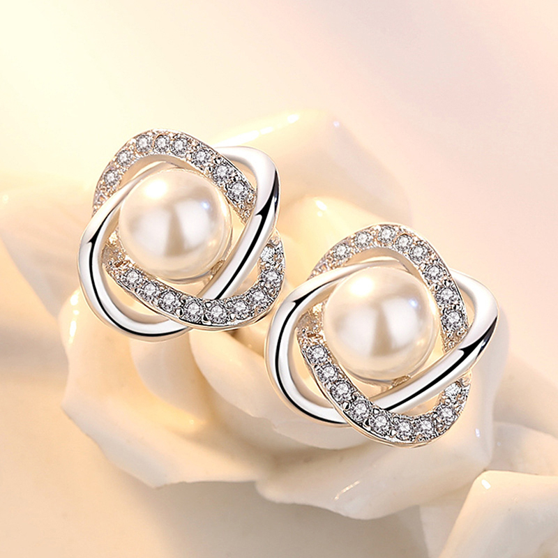 Zircon Crystal Pearl Earrings For Women Fashion Luxury Rotate Silver Color Earrings Jewelry