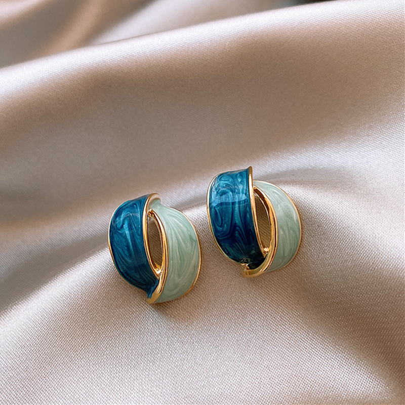 Double Arc Cross Enamel Stud Earring For Women Personality Contrast Color Blue Geometric Earring Jewelry Party