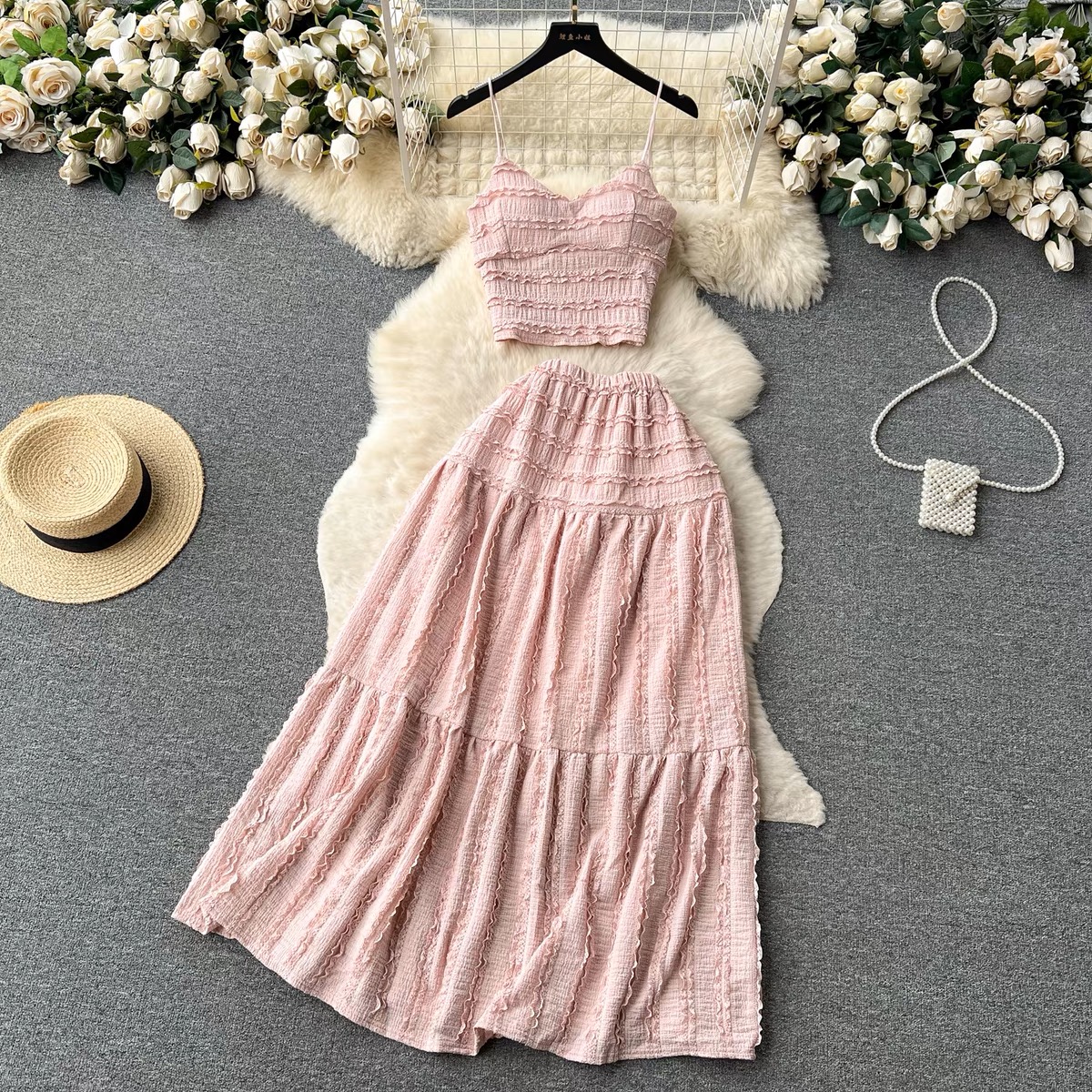 Girl Suit, , Pink Halter Top, Short Spaghetti Strap Top And Midi Skirt, Sweet Two-piece