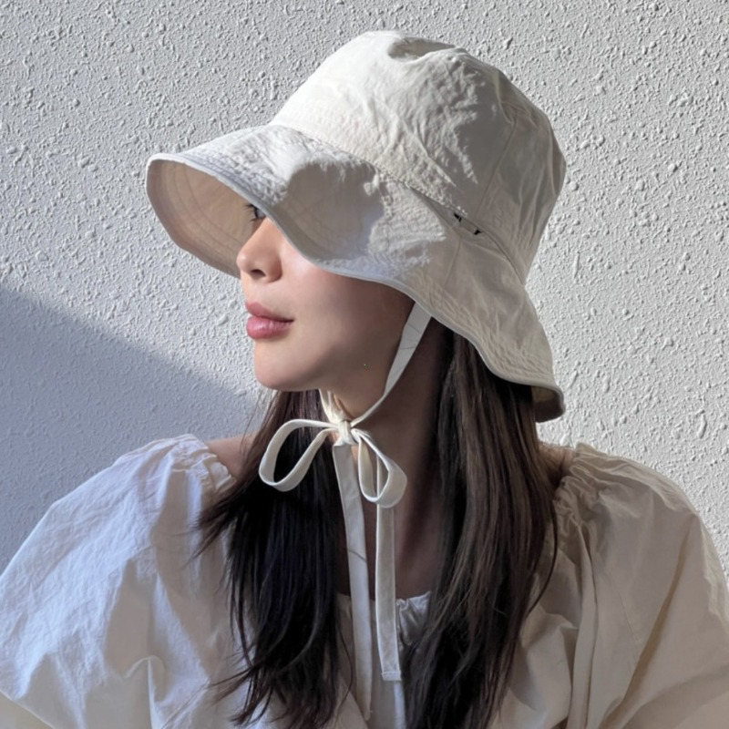 Korean Ins Lace-up Fisherman Hat Women Ins Blogger Lightweight Windbreak Rope Sunshade Basin Hat Sun Bucket Hat