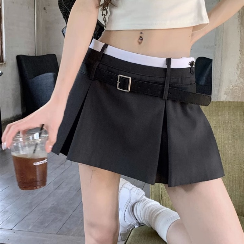 Pleated Mini Skirt For Women Korean Style Summer Patchwork High Waist Casual Belt A-line Skirt Shorts Streetwear