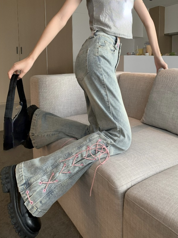 High Waist Slim Flare Pants Women Casual Vintage Wide Leg Jeans Pure Color Korean Style Denim Trousers Female