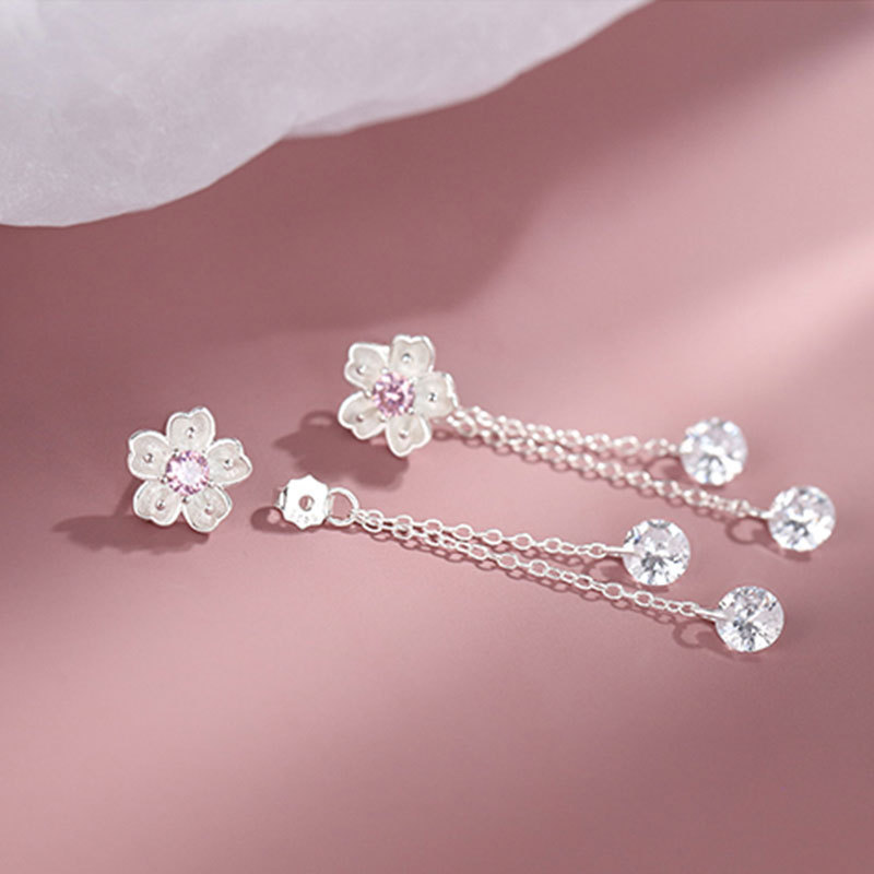 925 Sterling Silver Tassel Chain Cherry Blossoms Drop Earrings For Women Girls Wedding Elegant Korean Party Jewelry Gift