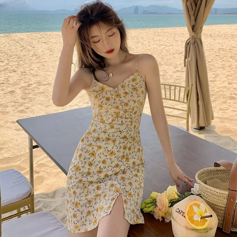Dress Women Sexy V-neck Floral Summer Holiday Fashion Korean Style Slim A-line Beach Wear
